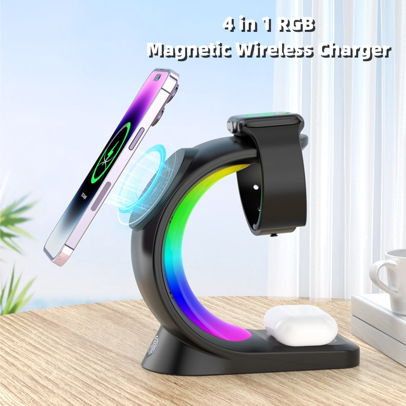 4 in 1 Magnetic Wireless Charging Station for iPhone Watch and AirPods with Atmosphere Light