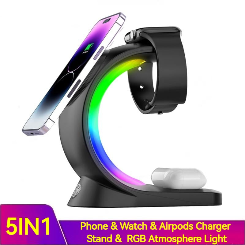 4 in 1 Magnetic Wireless Charging Station for iPhone Watch and AirPods with Atmosphere Light
